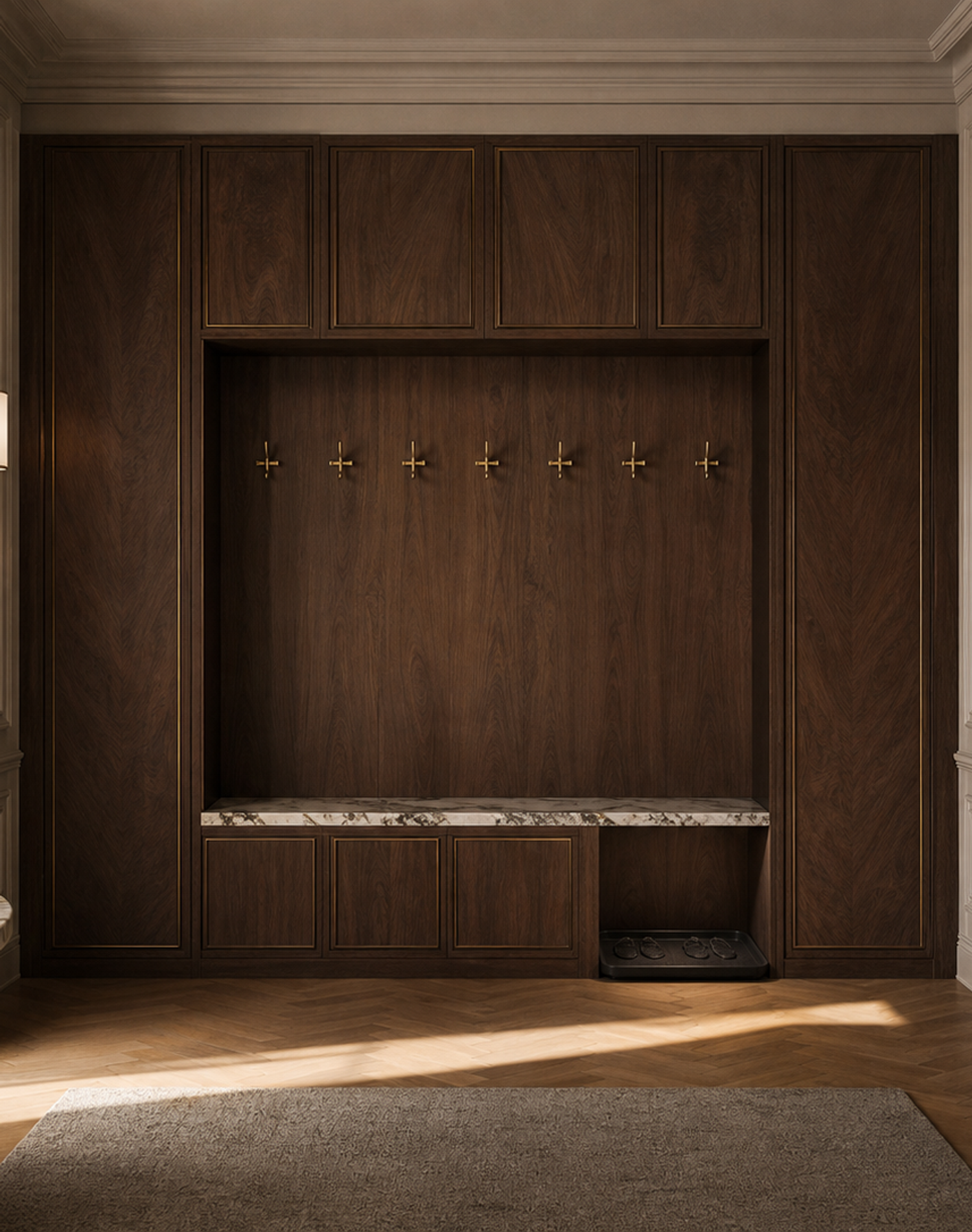 Fadior Savile Entryway Suite with Rainscreen Boot Dock — interior room context showing cabinet integration