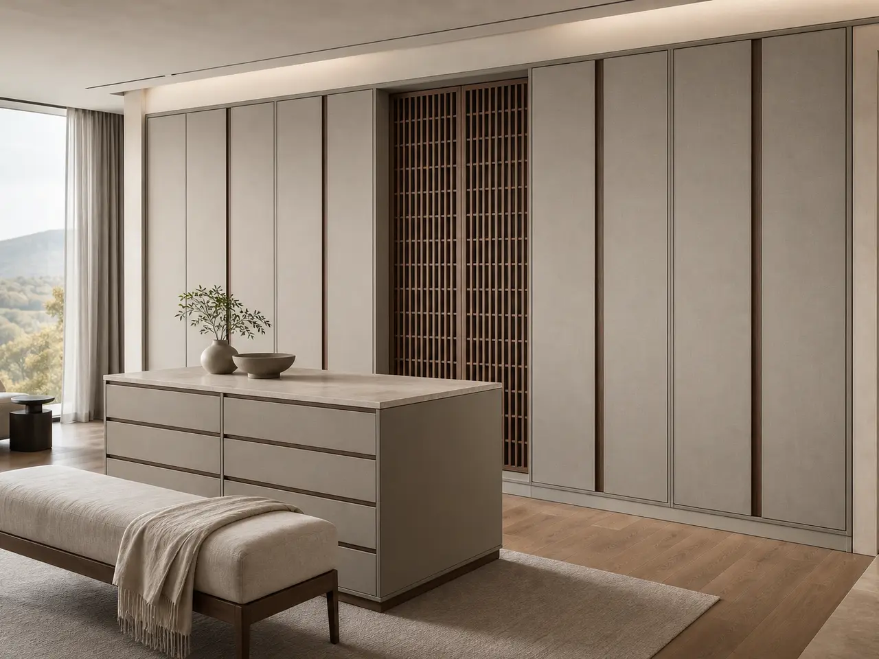 Fadior Onyx Wardrobe Suite with Shadow Lattice Dressing Bay - custom 304 stainless steel wardrobe or walk-in closet with lighting, hanging, drawer storage, and residential finishes