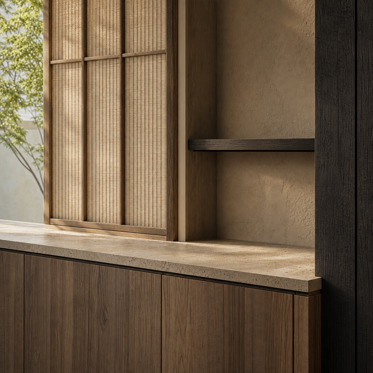 Fadior Loggia Entryway Suite with Cane Mail Bench Alcove — close-up of stainless steel finish and hardware detail