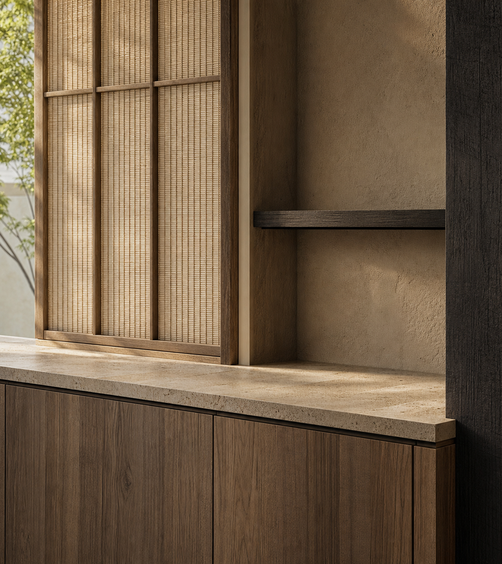 Fadior Loggia Entryway Suite with Cane Mail Bench Alcove — close-up of stainless steel finish and hardware detail