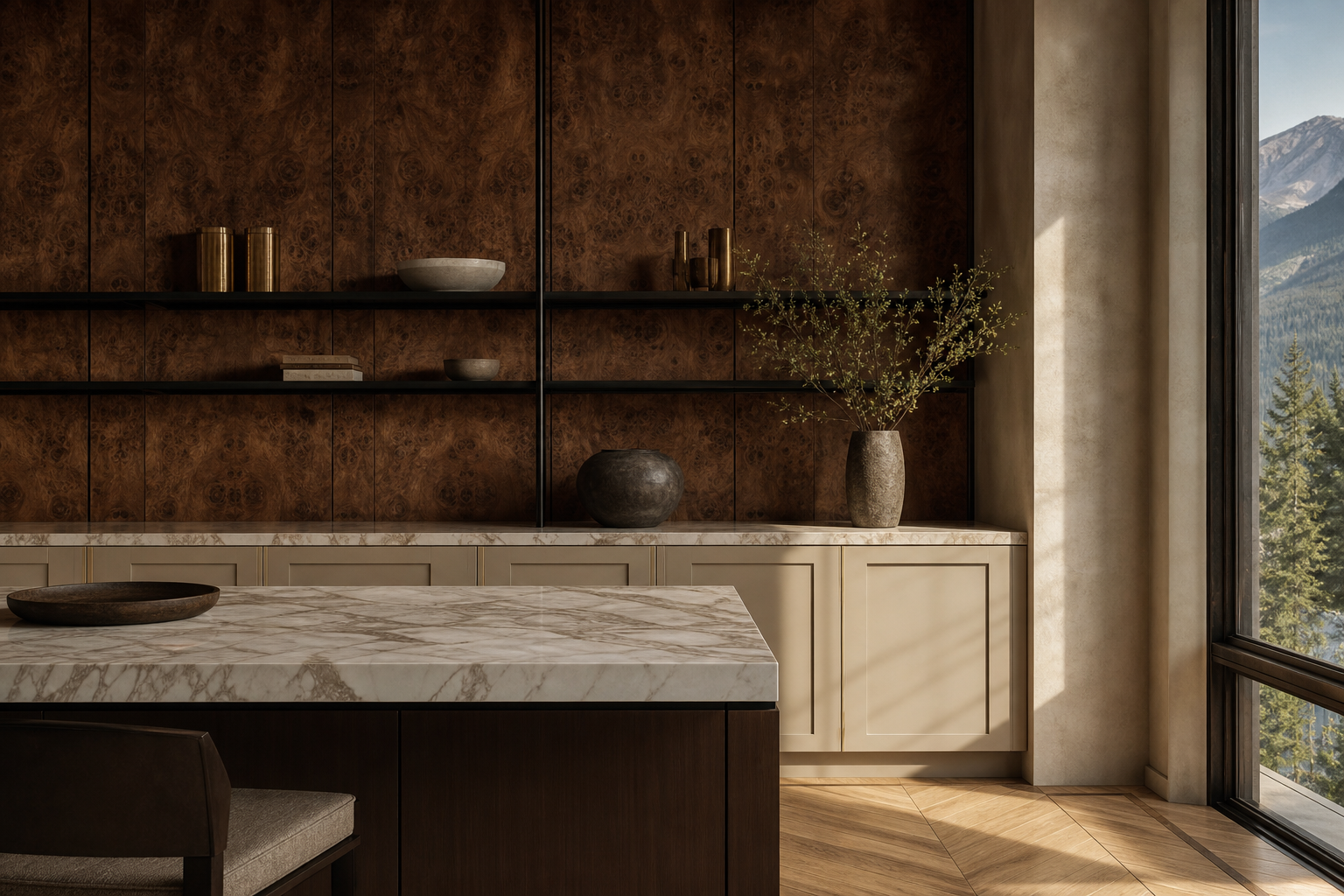 Fadior Denver 600 sqm Kitchen Villa — Denver finish vignette marble counter, walnut wall, cabinet face, oak floor