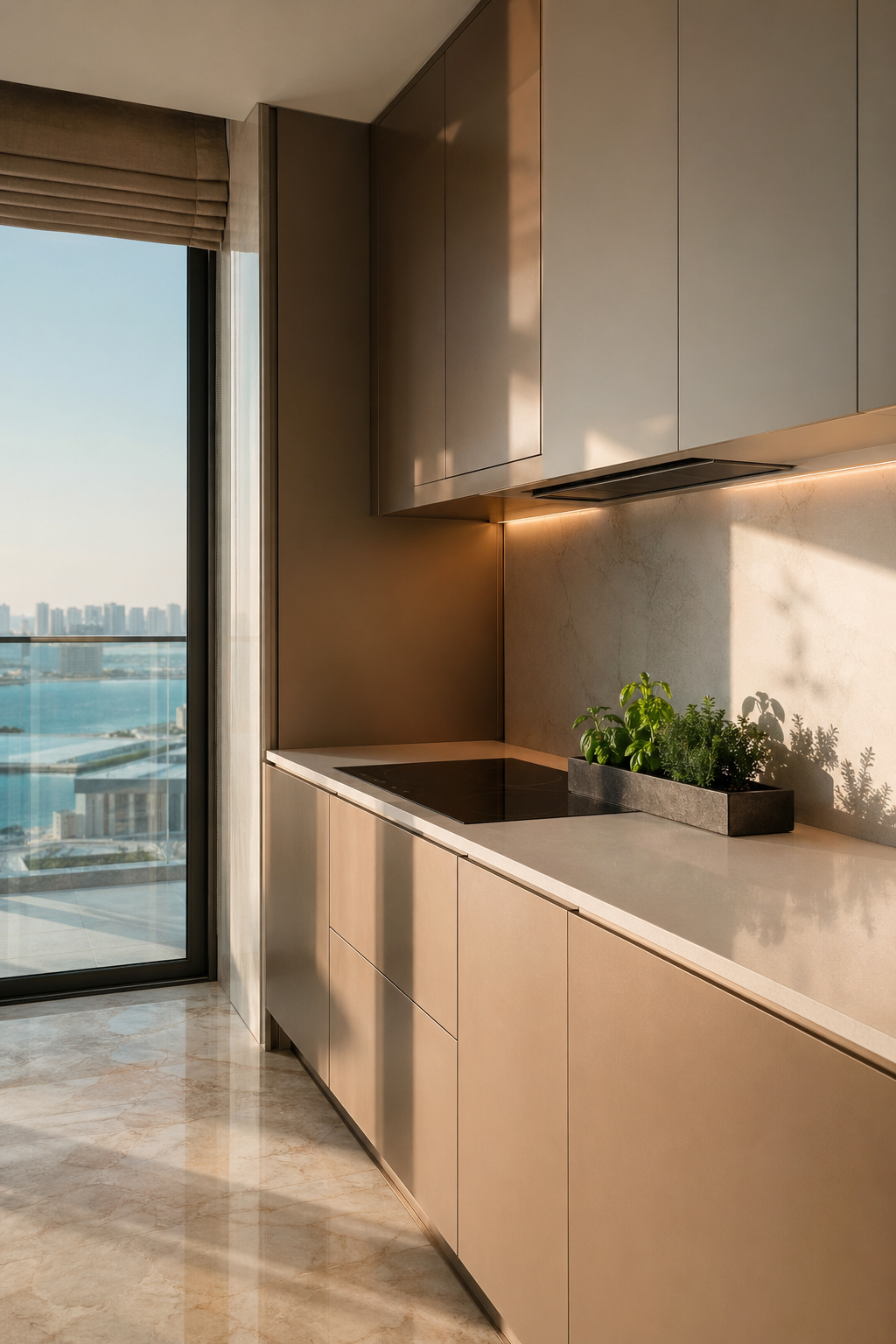Fadior Dubai Compact Residence — kitchen counter, cooktop, balcony window, herb planter