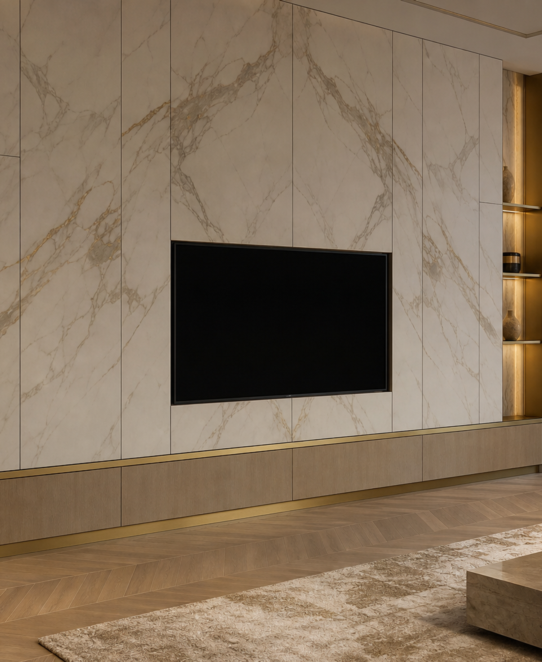 Fadior Veneto Panel-Less Floating Media Bay — 304 stainless steel living room system, front view