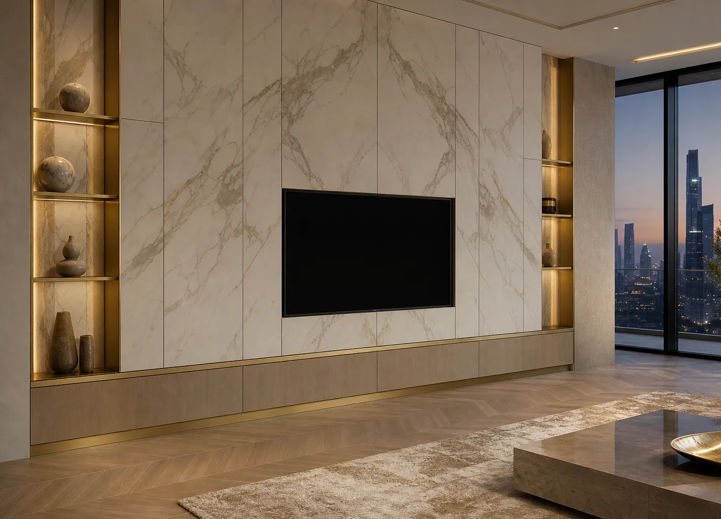 Fadior Veneto Panel-Less Floating Media Bay — 304 stainless steel living room system, front view