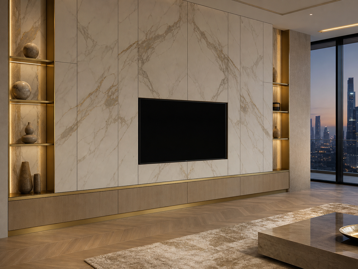 Fadior Veneto Panel-Less Floating Media Bay — 304 stainless steel living room system, front view