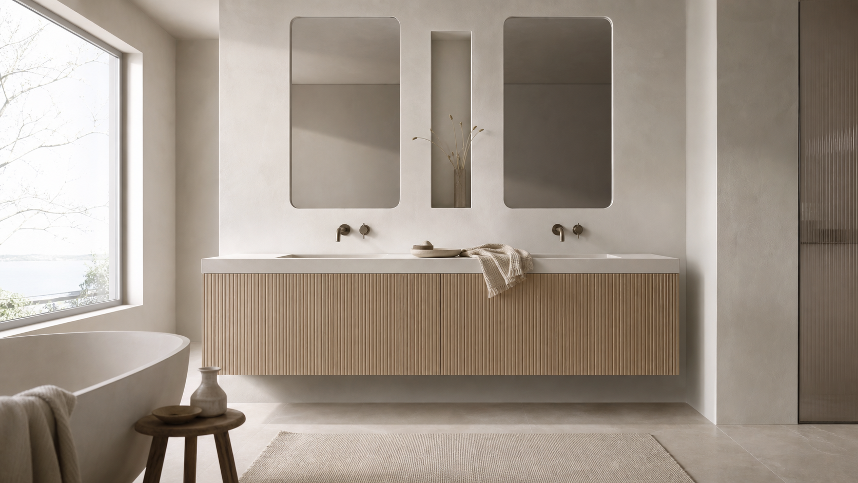 Fadior Ethereal Bath and Vanity Suite with Reeded Basin Niche — lifestyle setting with natural light and residential styling