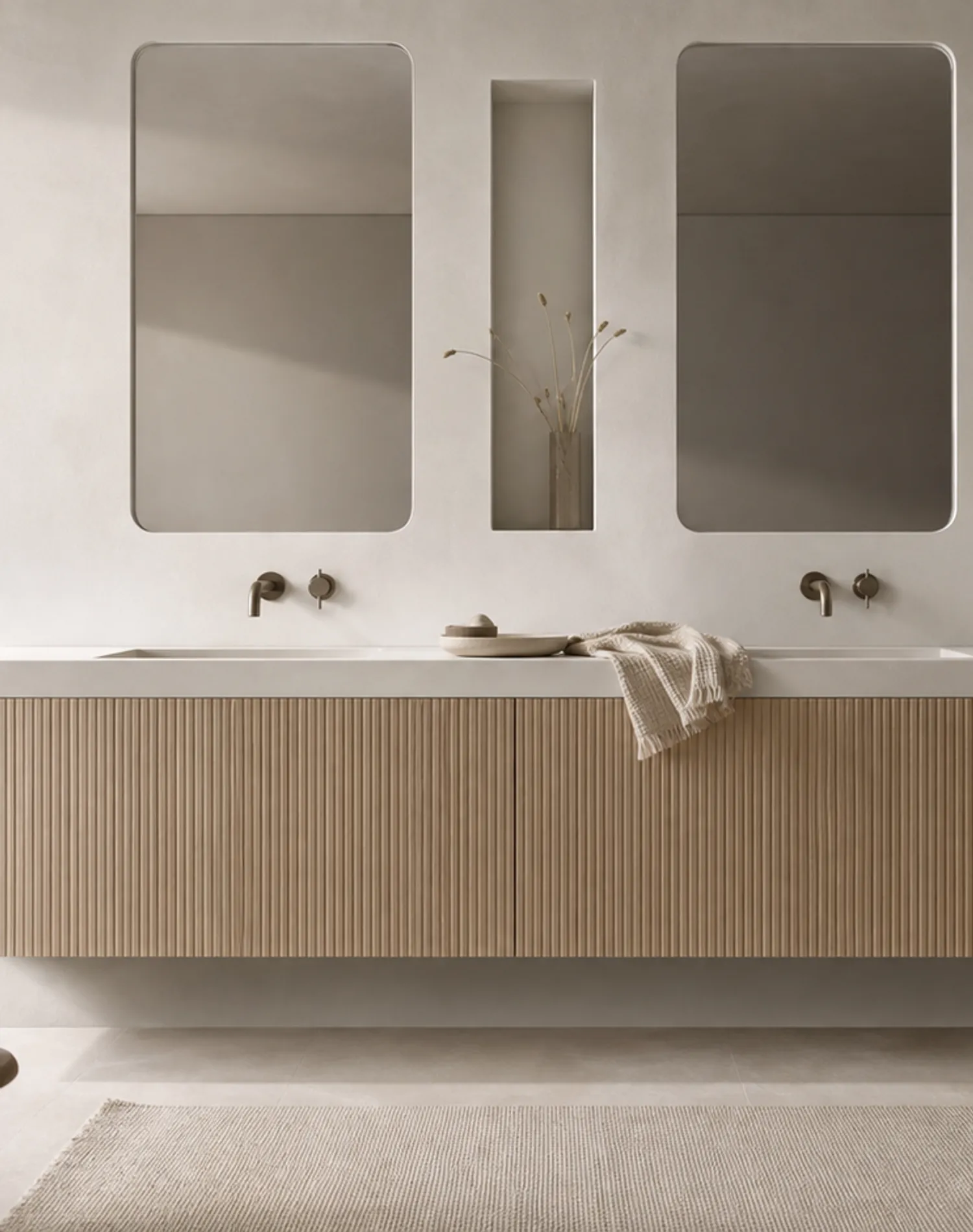 Fadior Ethereal Bath and Vanity Suite with Reeded Basin Niche — lifestyle setting with natural light and residential styling