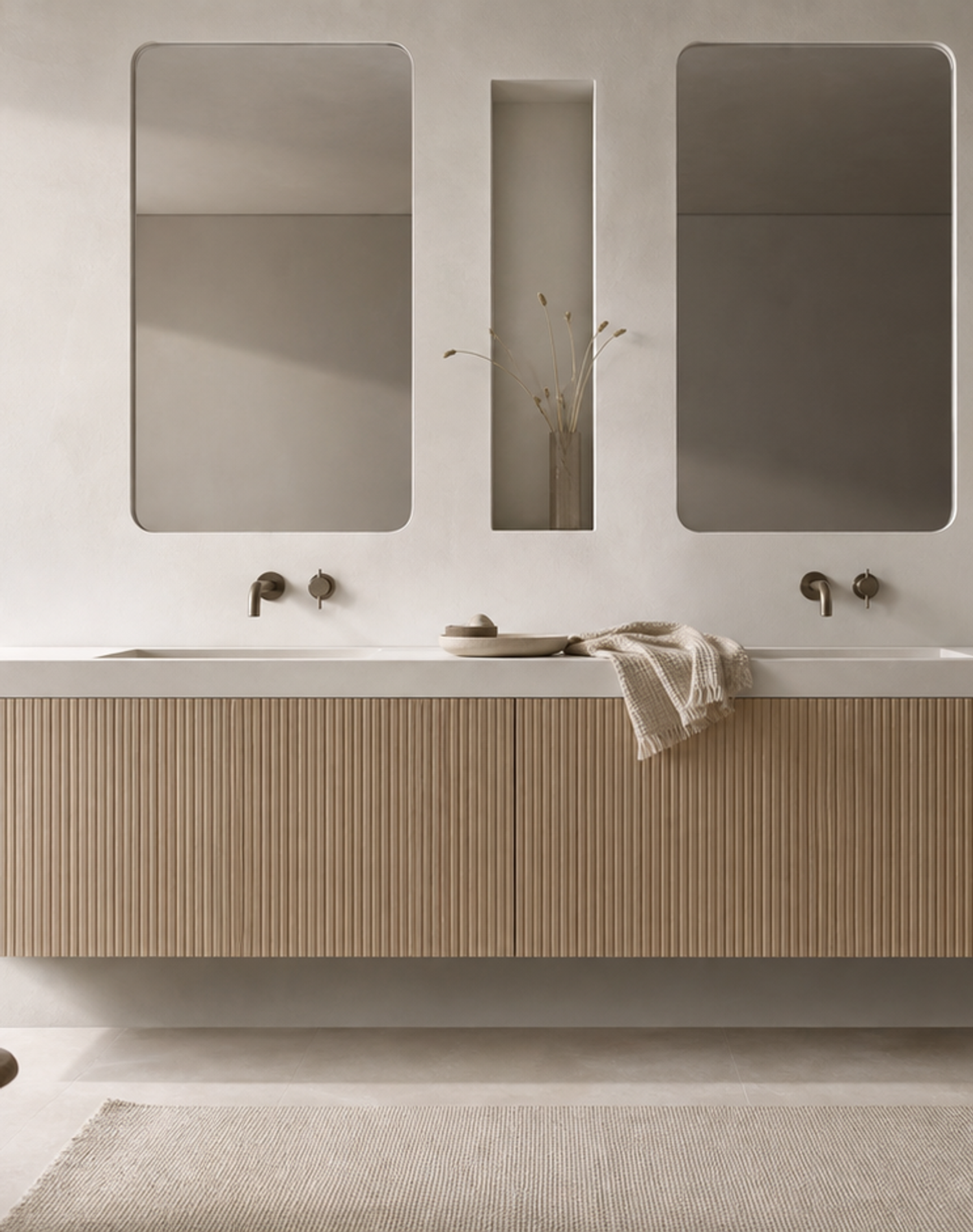 Fadior Ethereal Bath and Vanity Suite with Reeded Basin Niche — lifestyle setting with natural light and residential styling