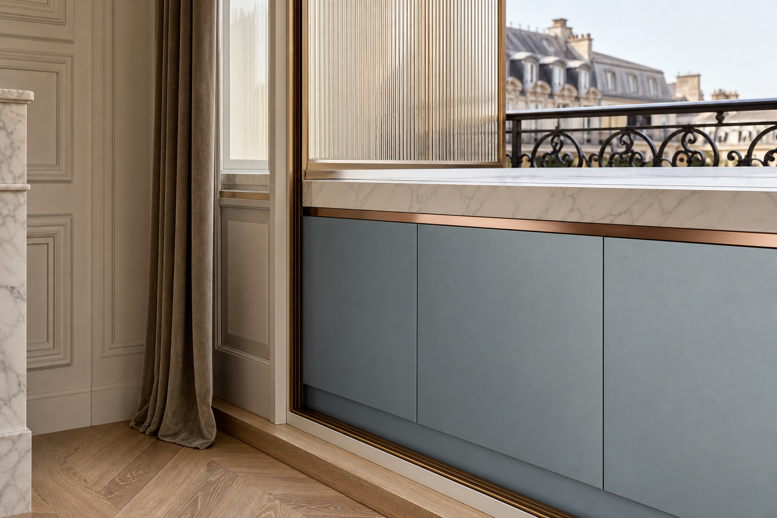 Fadior Soleil Balcony Suite with Privacy Eave Console — close-up of stainless steel finish and hardware detail
