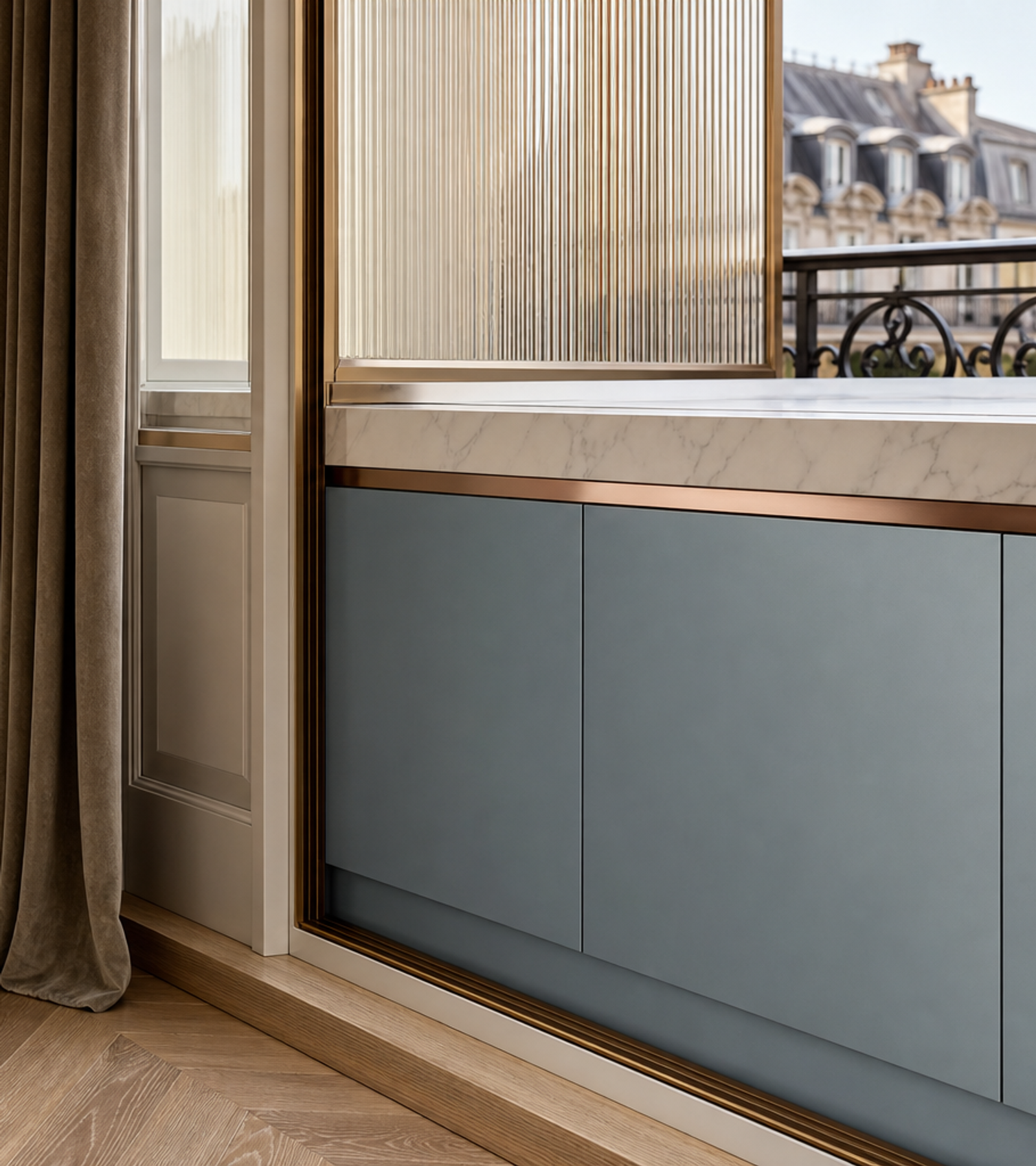 Fadior Soleil Balcony Suite with Privacy Eave Console — close-up of stainless steel finish and hardware detail