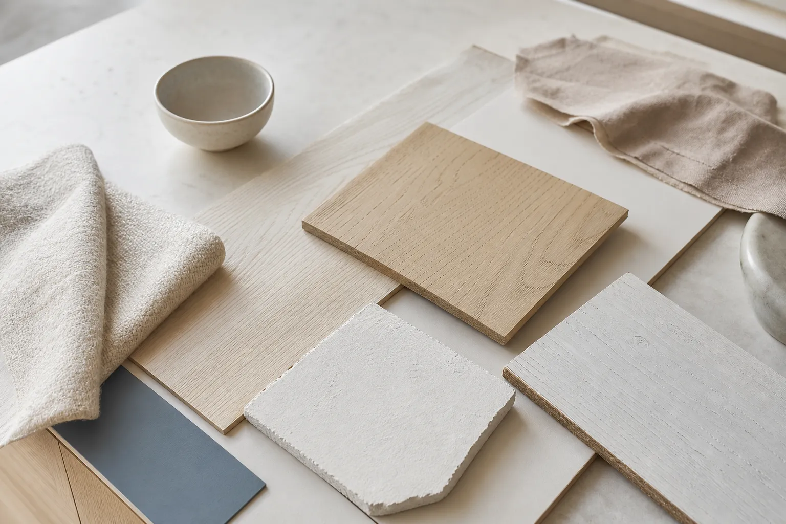 Open kitchen material mood with pale surfaces, blond wood, soft textile, and diffused light.