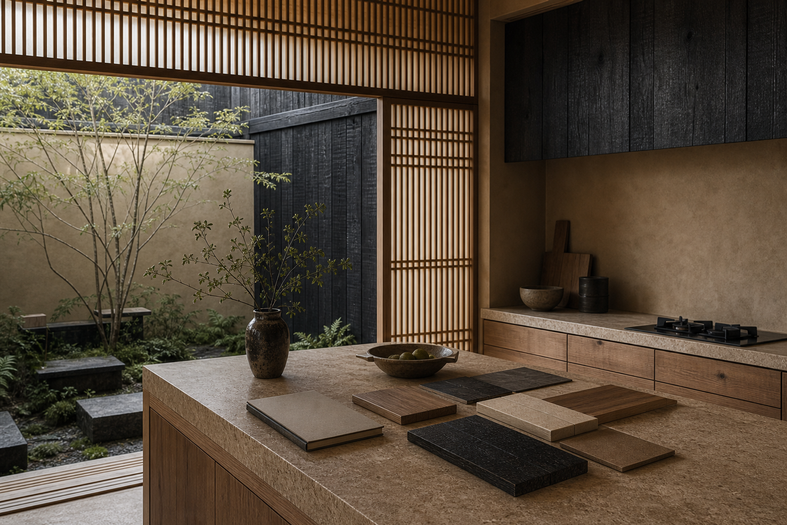 Kitchen planning scene comparing cabinet body choices beside a courtyard window.