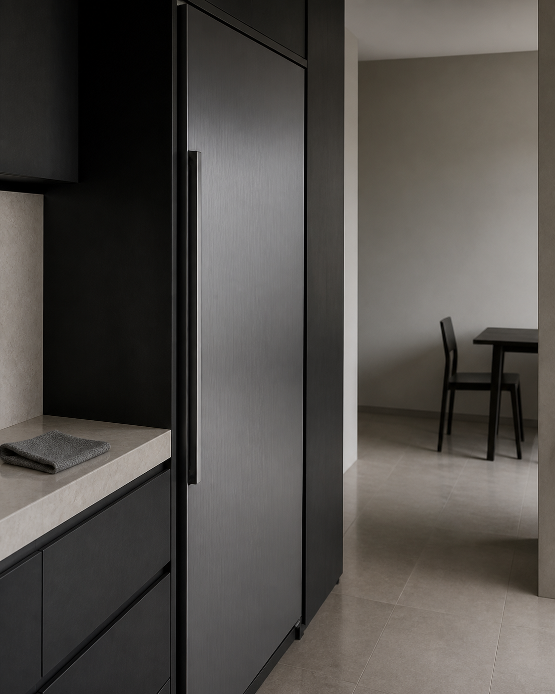 Blue-hour charcoal kitchen with a clean refrigerator door and a folded care cloth
