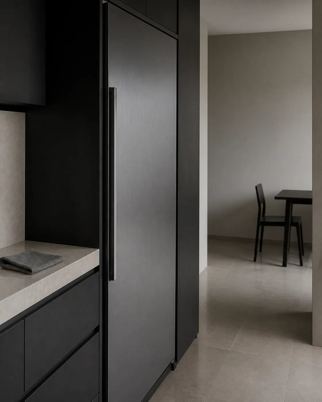 Blue-hour charcoal kitchen with a clean refrigerator door and a folded care cloth