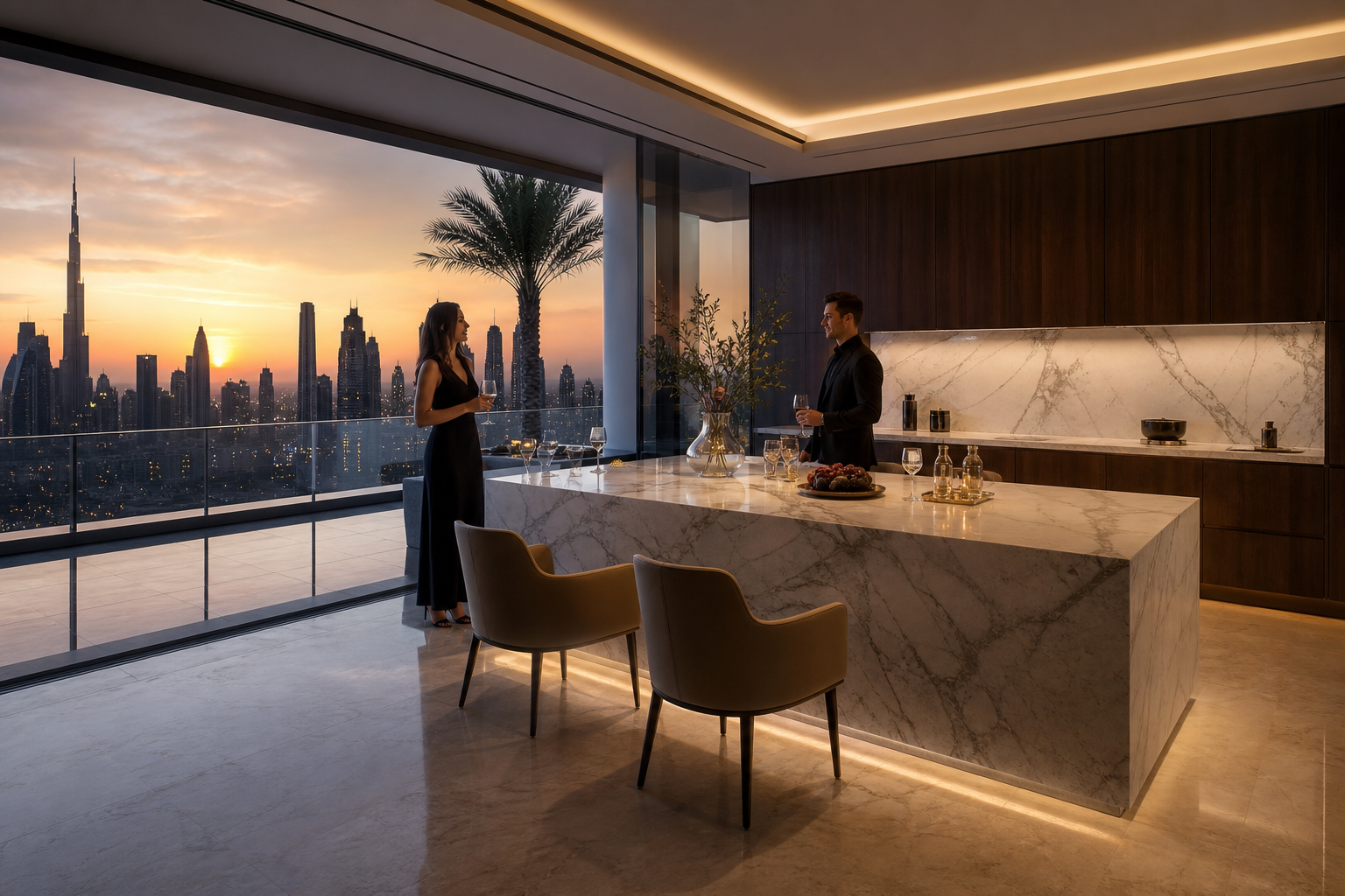 Fadior Dubai 220 sqm Kitchen Penthouse — Fadior Dubai sunset setting — terrace table, marble island, palm view,