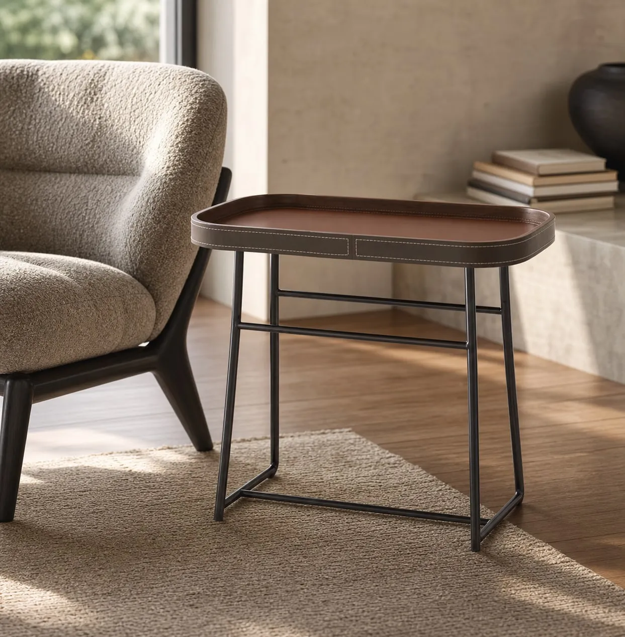 Saddle Leather Brushed Steel Magazine Rack