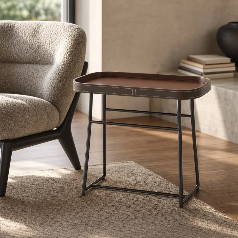 Saddle Leather Brushed Steel Magazine Rack