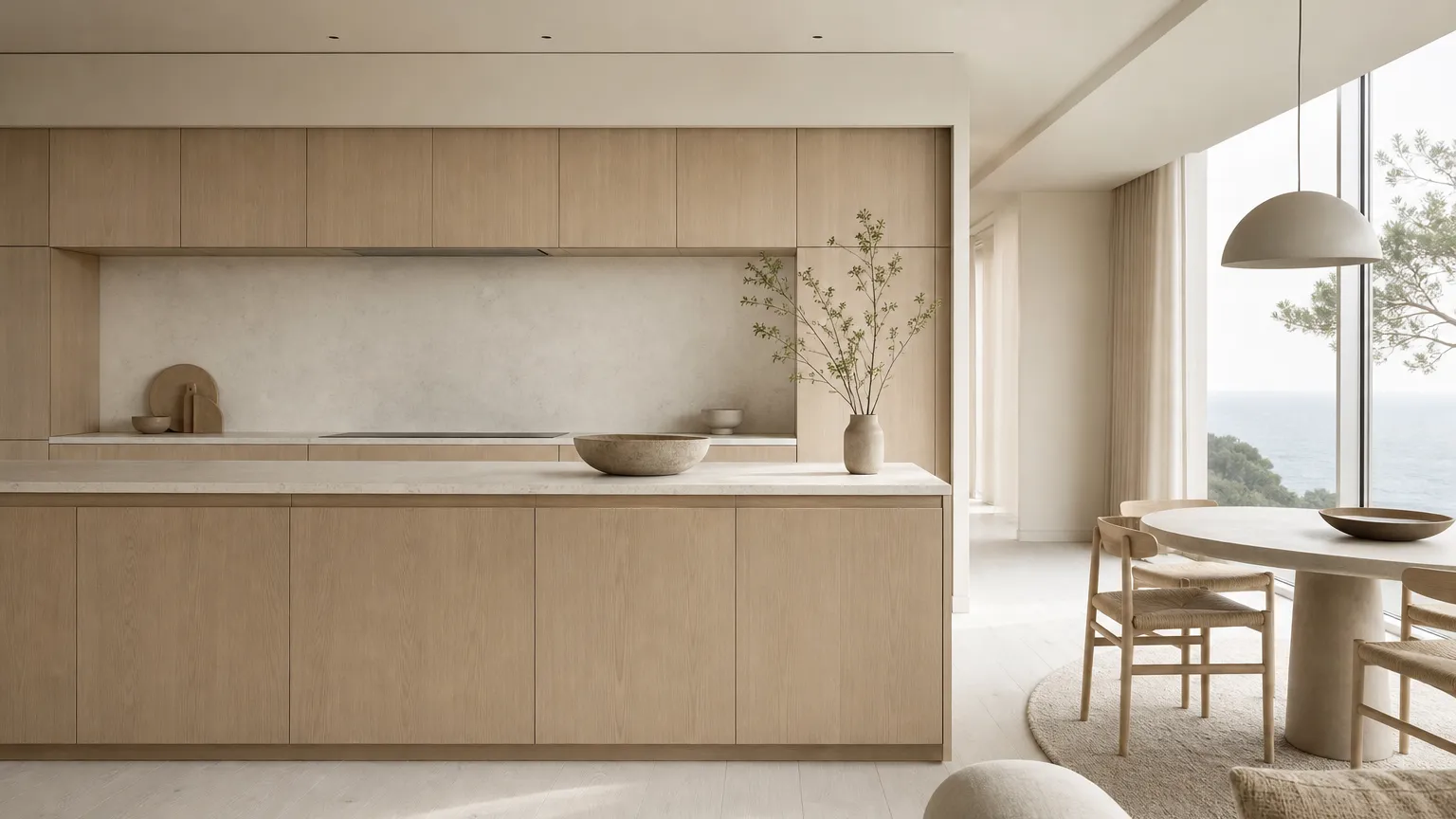 Kitchen atmosphere with blond ash fronts and chalk white plaster showing calm empty-space luxury.