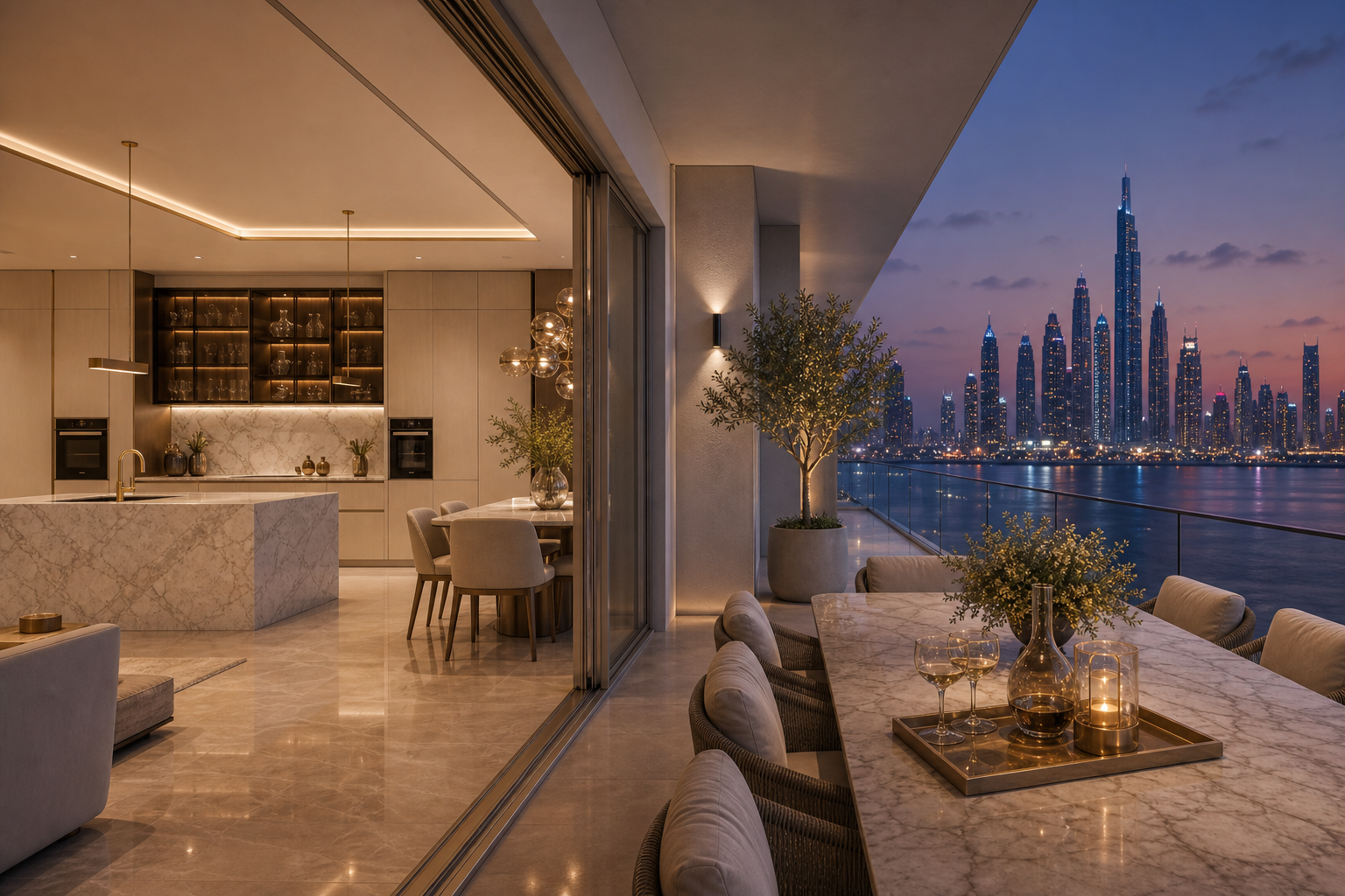 Fadior Dubai 280 sqm Kitchen Penthouse — Dubai balcony dinner threshold with marble table, wine glasses, open kitchen doors,