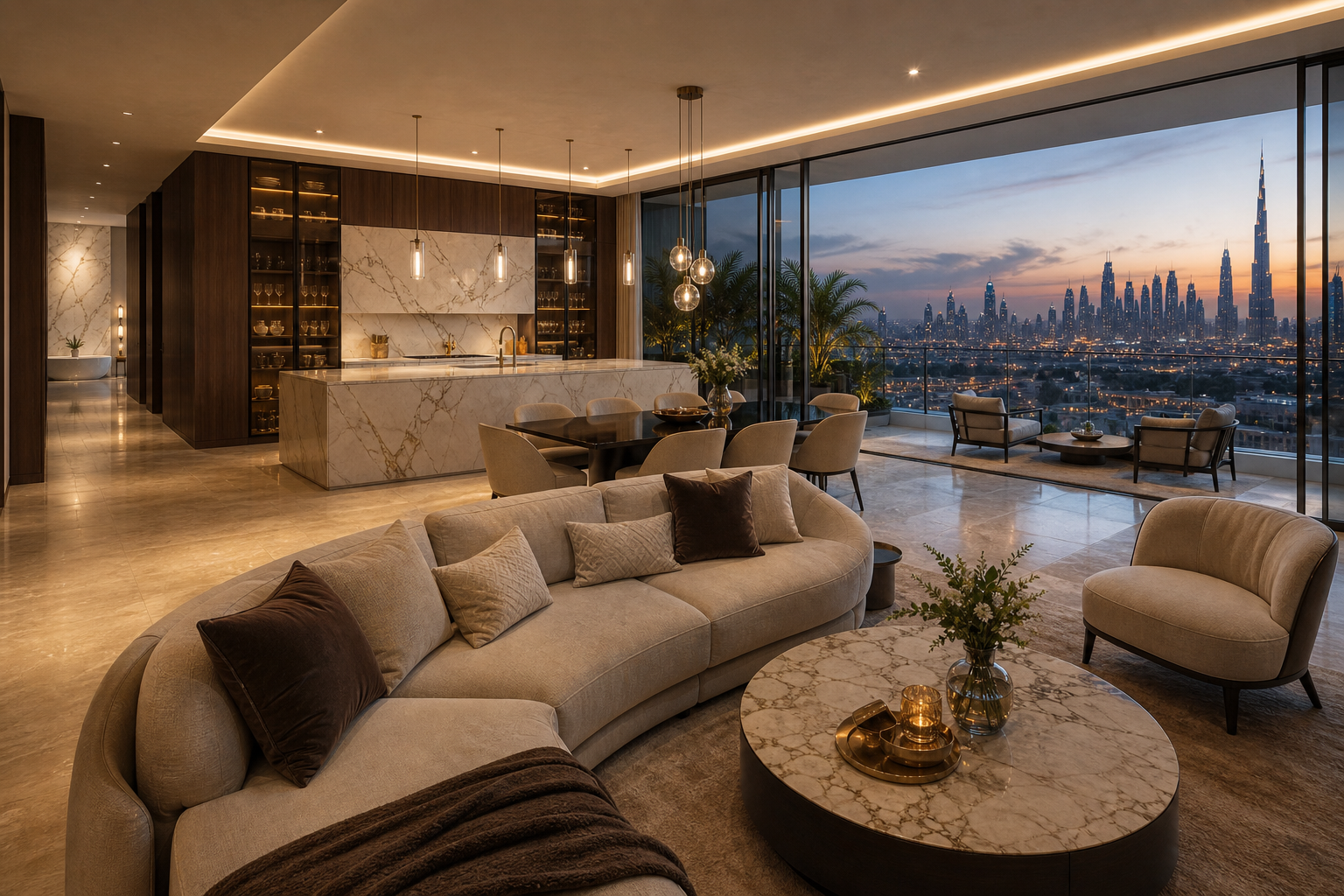 Fadior Dubai 180 sqm Kitchen Bath Penthouse — Dubai living and dining room with kitchen island, curved sofa, dining table,