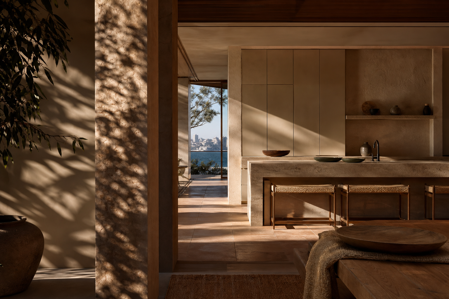 Fadior Sydney Skyline Penthouse — Sydney material study with stone counter, satin cabinet face, clay wall, terracotta floor,