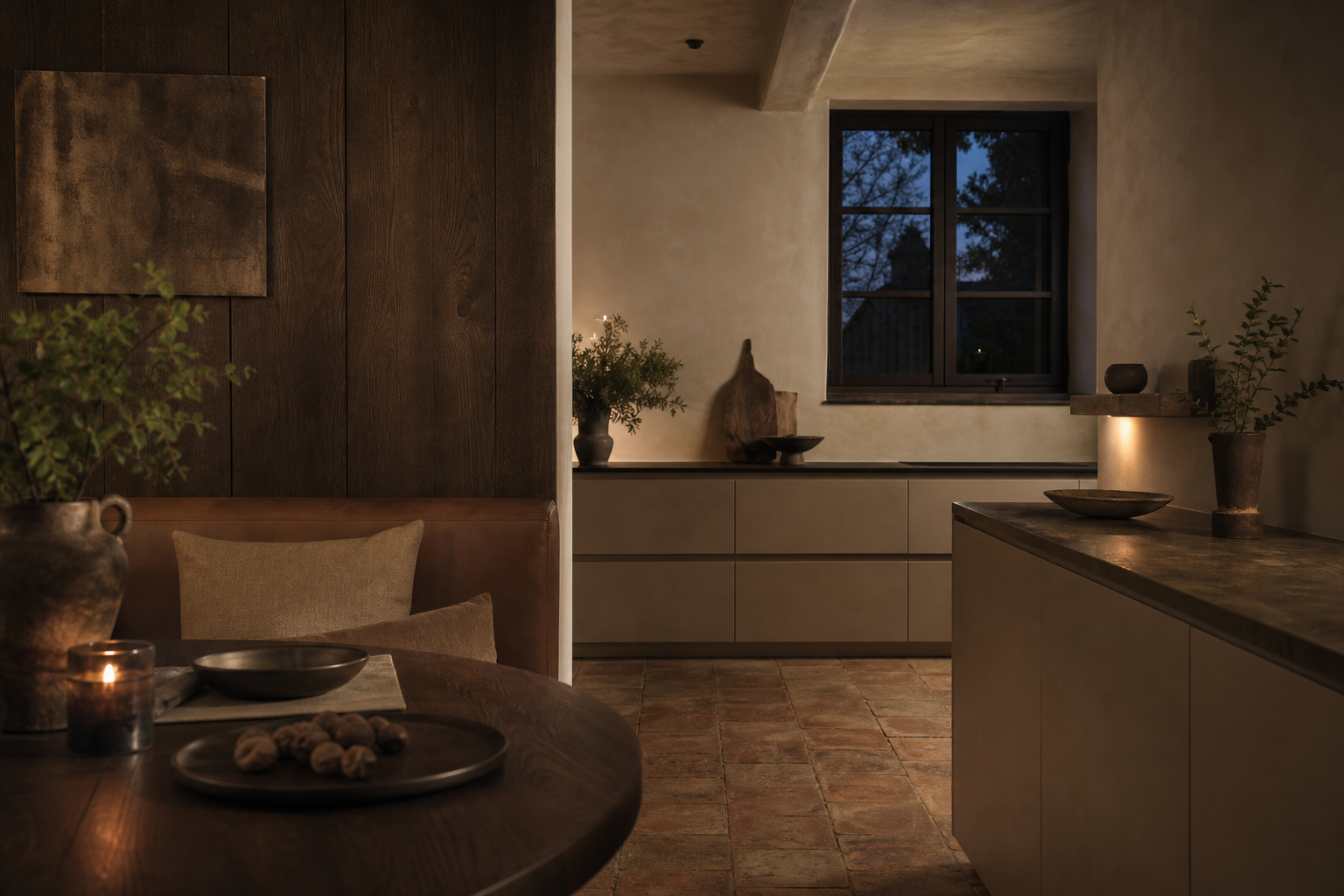 Kitchen lifestyle context with leather banquette and warm putty cabinetry for quiet evening use.