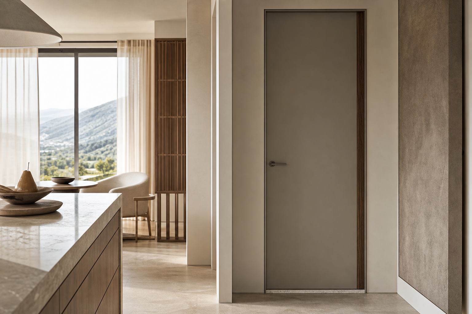 Fadior Silhouette Interior Door Suite with Spectral Oxide Passage Veil — lifestyle setting with natural light and