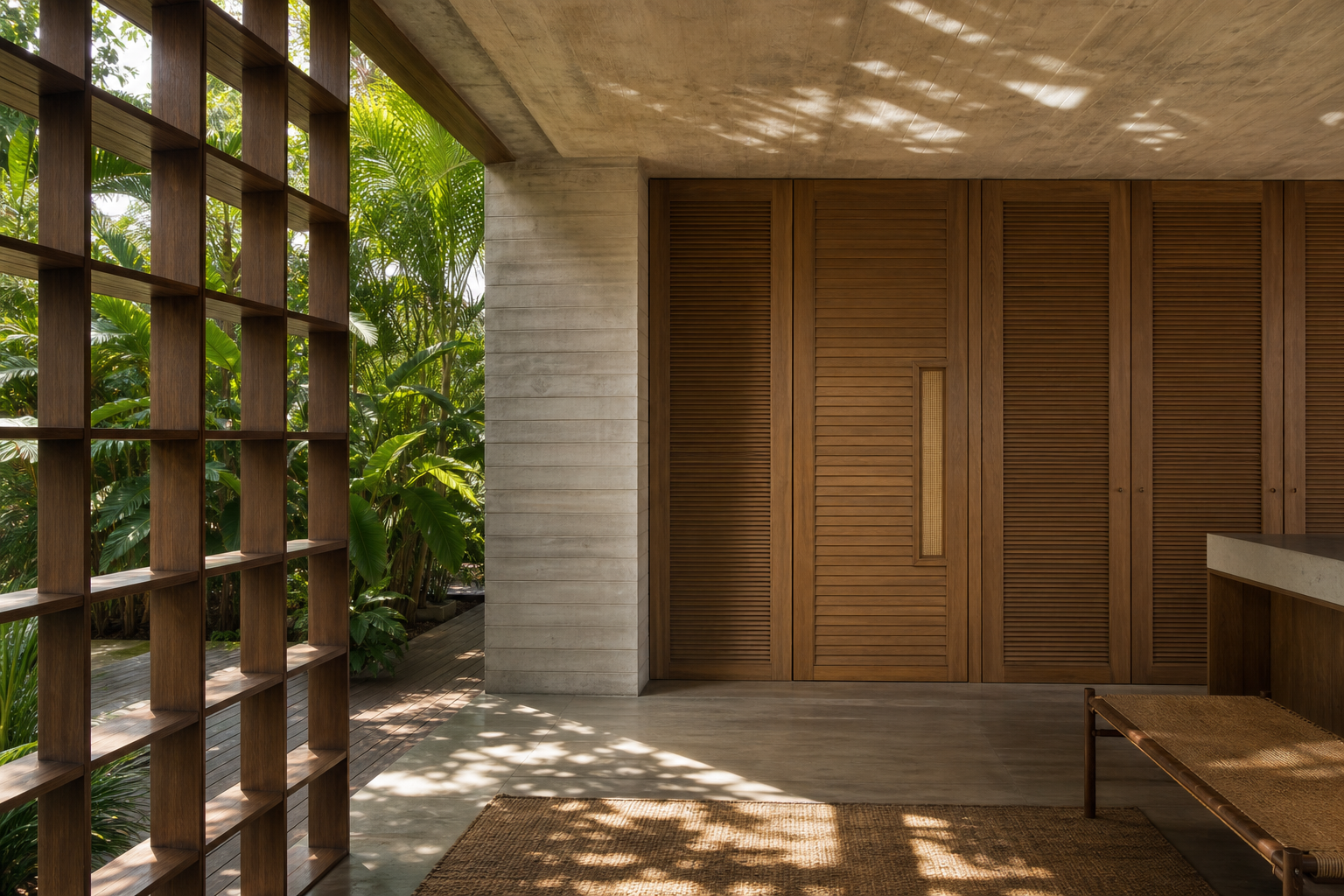Fadior Alabaster Interior Door Suite with Linen Louver Passage Door — lifestyle setting with natural light and residential