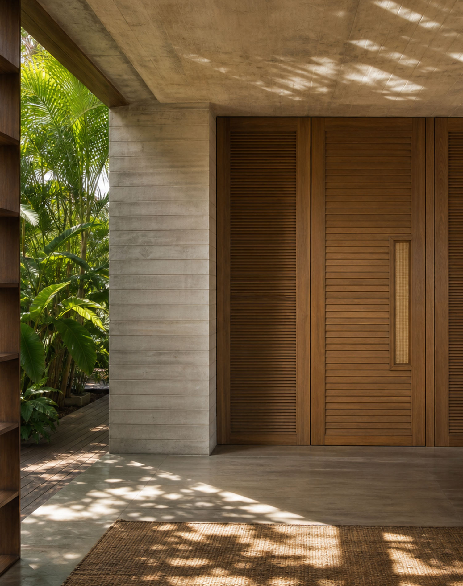 Fadior Alabaster Interior Door Suite with Linen Louver Passage Door — lifestyle setting with natural light and residential