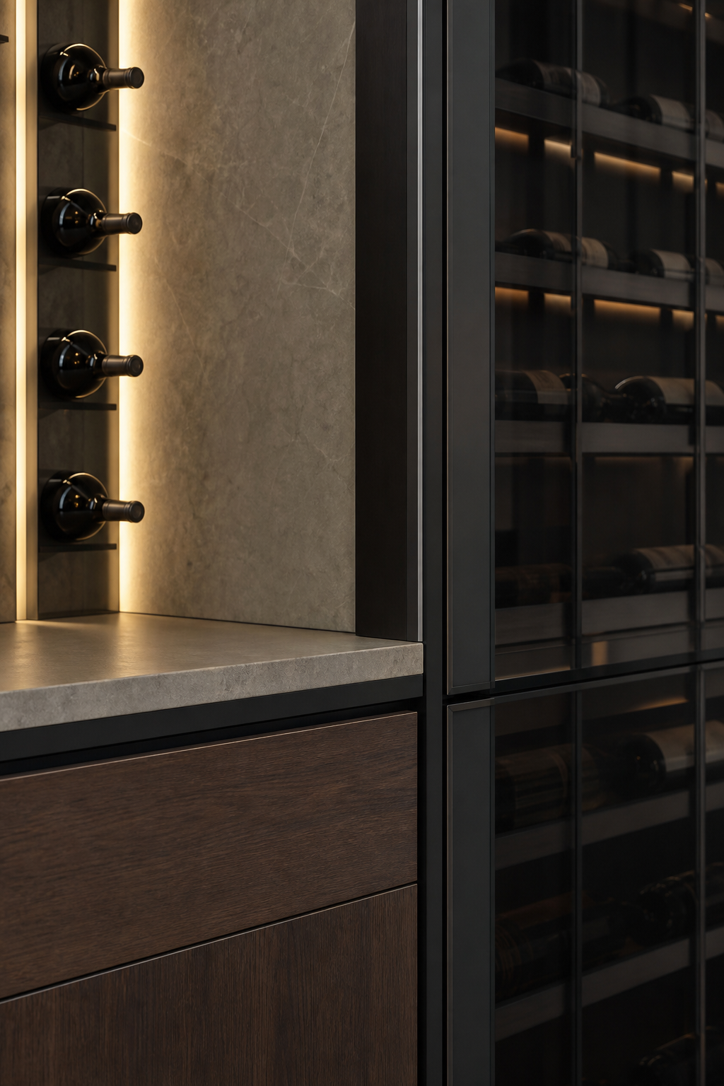 Fadior Grotto Wine Cabinet Suite with Vertical Bottle Gallery Bar — close-up of stainless steel finish and hardware detail