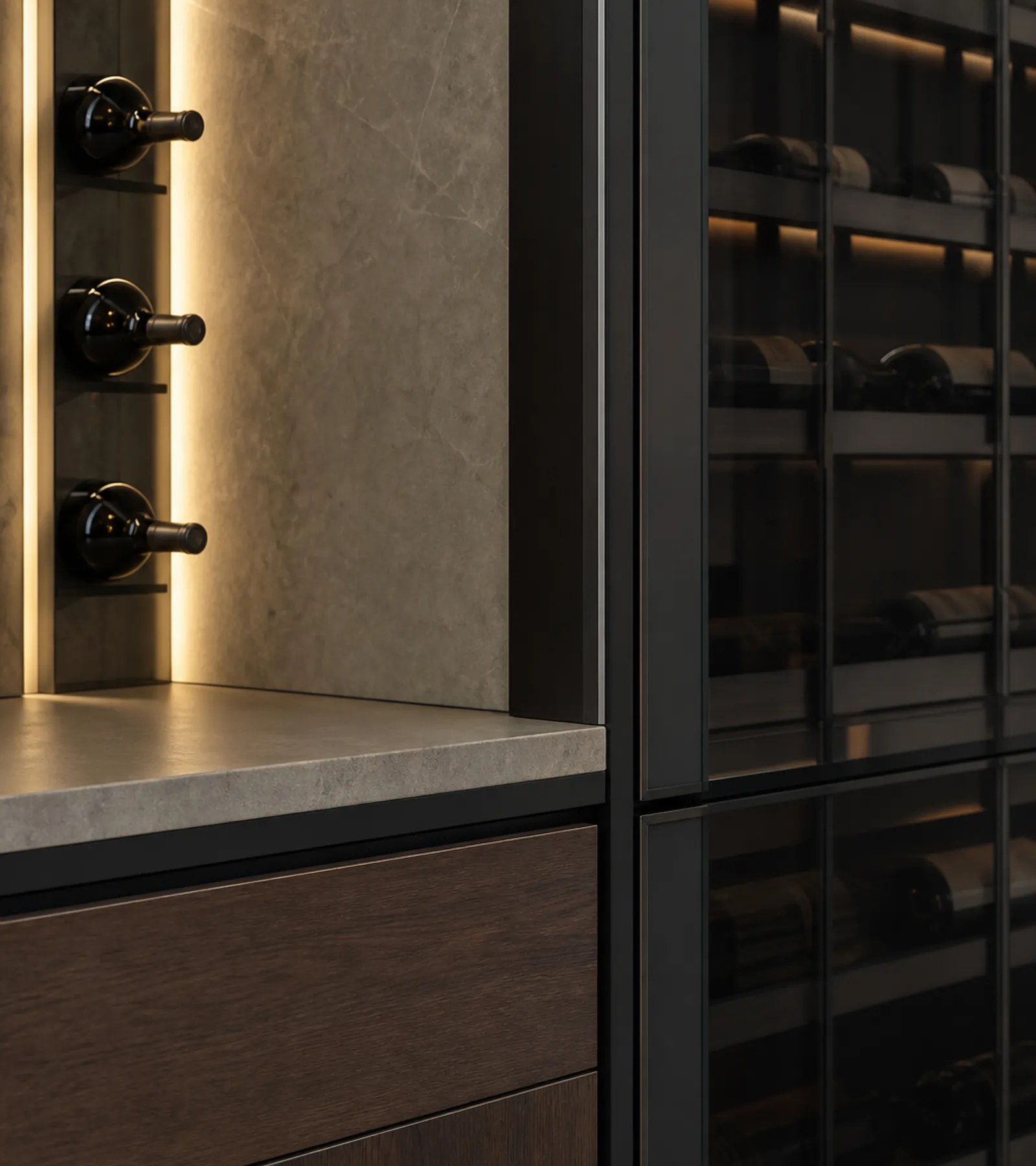 Suite de Armario de Vinos Grotto con Barra Vertical de Botellas acabado y detalle