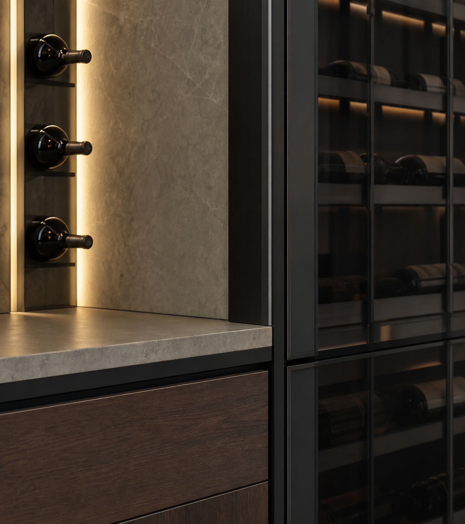 Fadior Grotto Wine Cabinet Suite with Vertical Bottle Gallery Bar — close-up of stainless steel finish and hardware detail