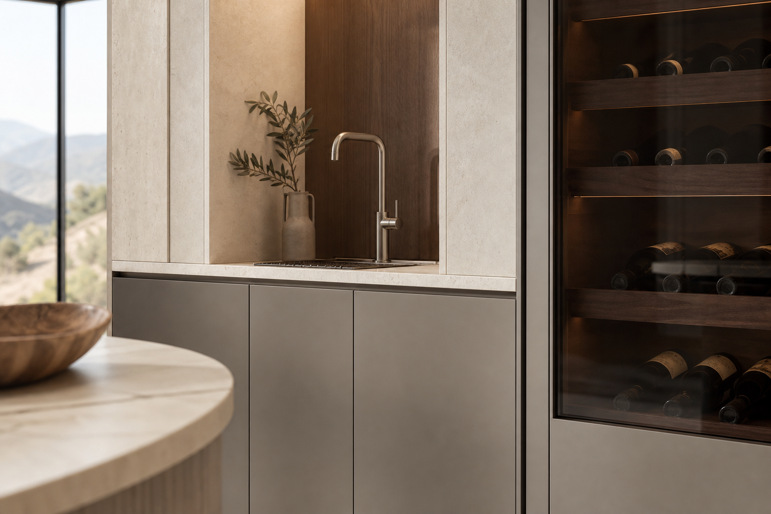 Fadior Cru Wine Cabinet Suite with Tapline Tasting Wall — close-up of stainless steel finish and hardware detail