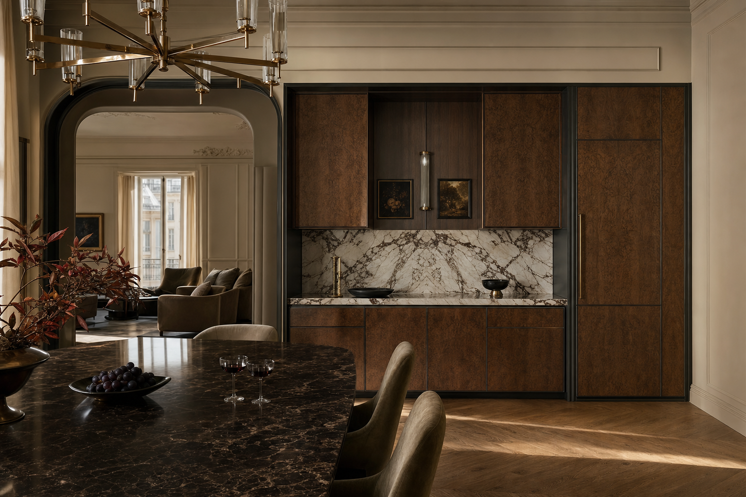 Fadior Estuary Wine Cabinet Suite with Smeg Cellar Appliance Alcove — lifestyle setting with natural light and residential