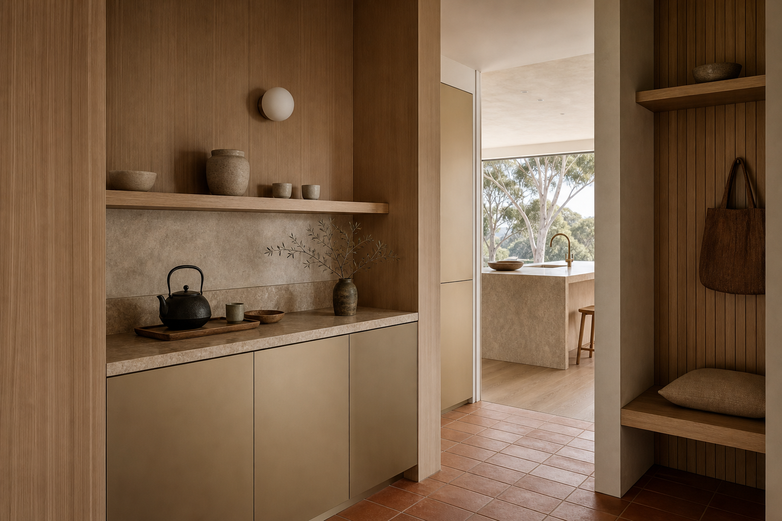 Fadior A Kitchen that Remembers: Marrying Australian Stainless Steel Craftsmanship with Minimalist Japanese Design — tea pantry, champagne cabinets, stone ledge, oak wall panels, terracotta floor, entry bench