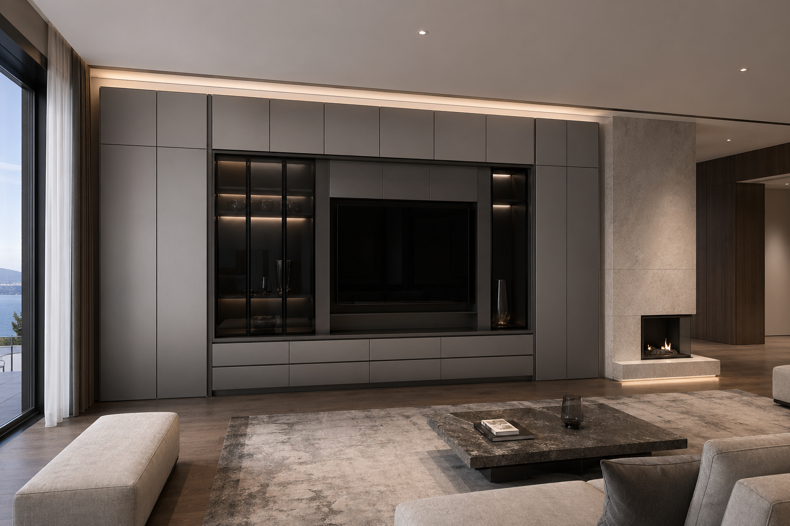 Fadior Essence Living Room Suite with Satin Shadow Media Wall — interior room context showing cabinet integration