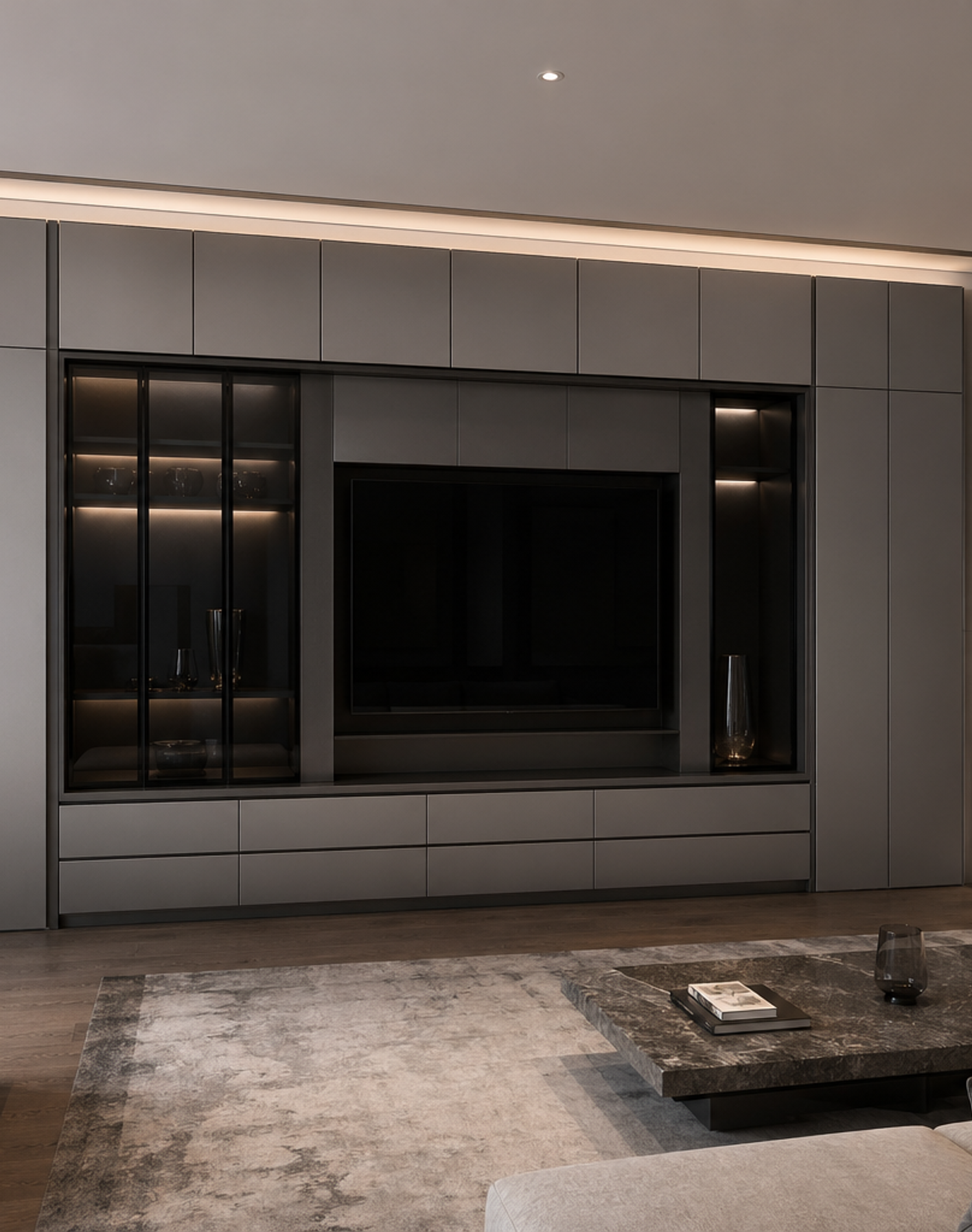 Fadior Essence Living Room Suite with Satin Shadow Media Wall — interior room context showing cabinet integration