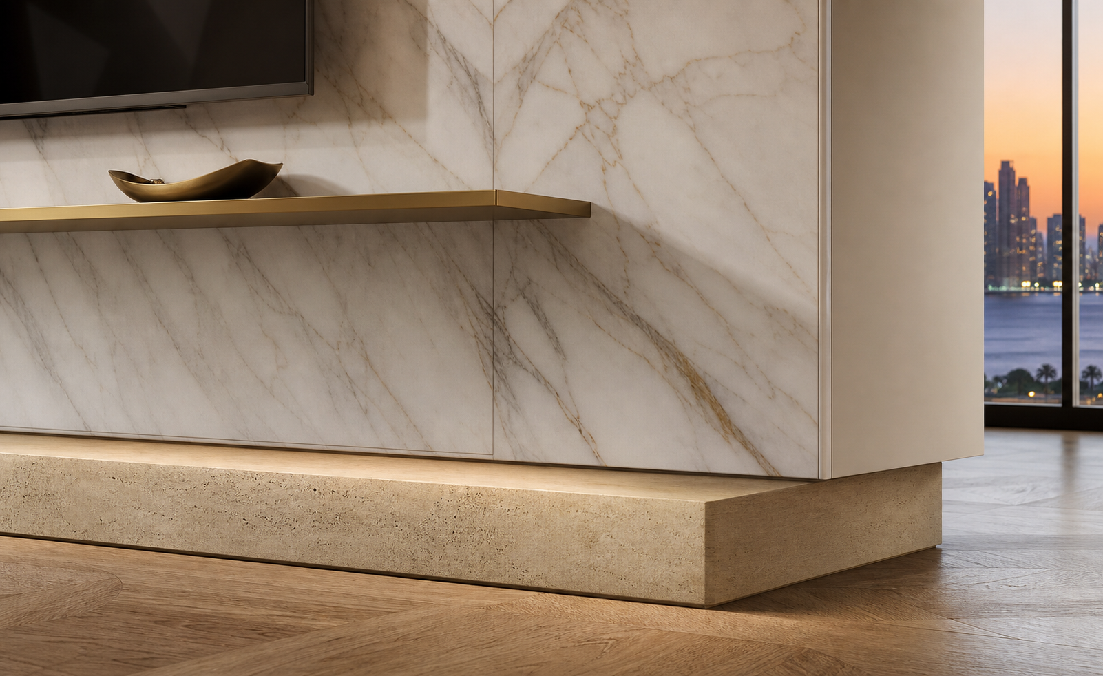 Fadior Silvan Living Room Suite with Limewash Listening Plinth — close-up of stainless steel finish and hardware detail