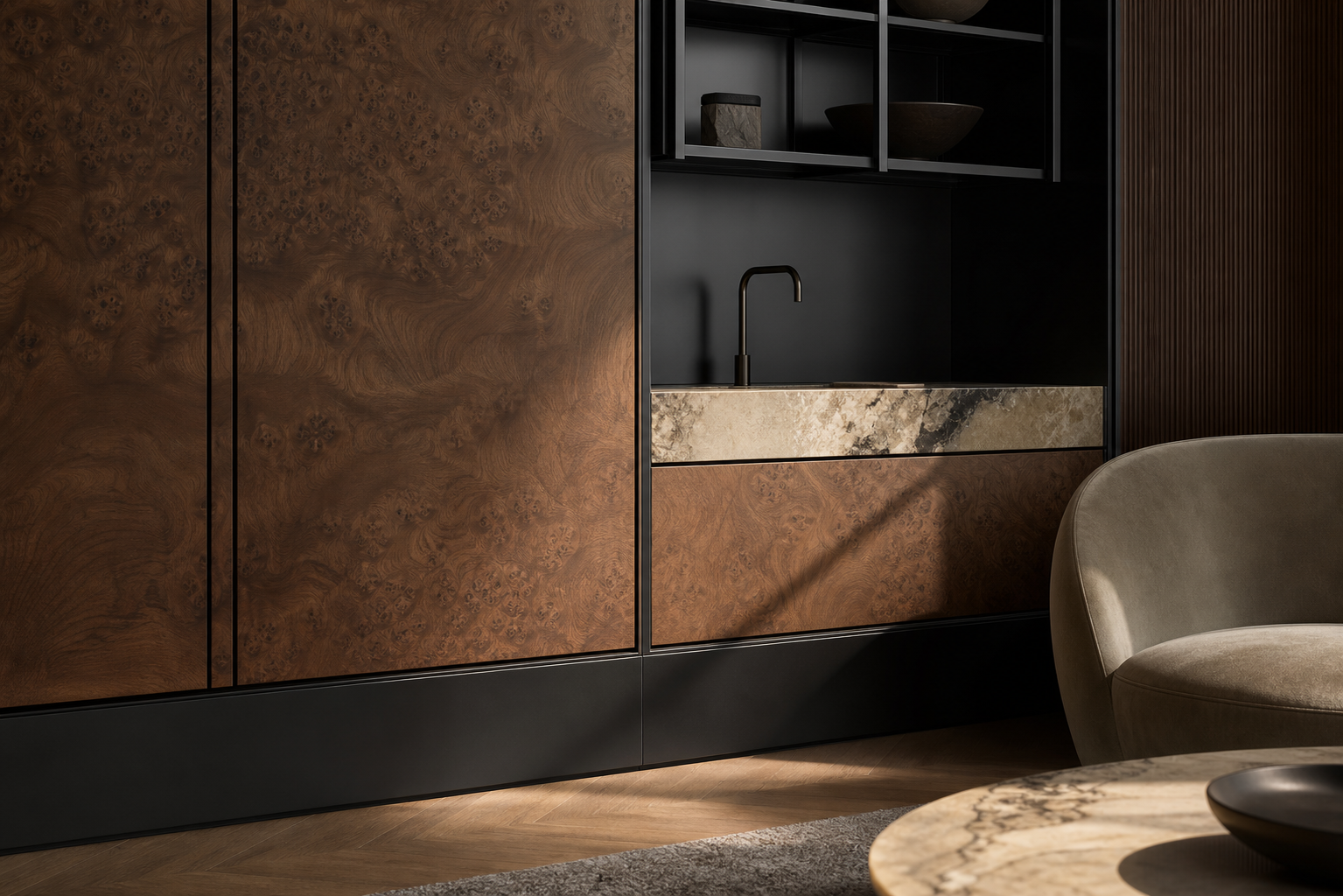 Fadior Patina Living Room Suite with Sculpted Tapline Service Niche — close-up of stainless steel finish and hardware detail