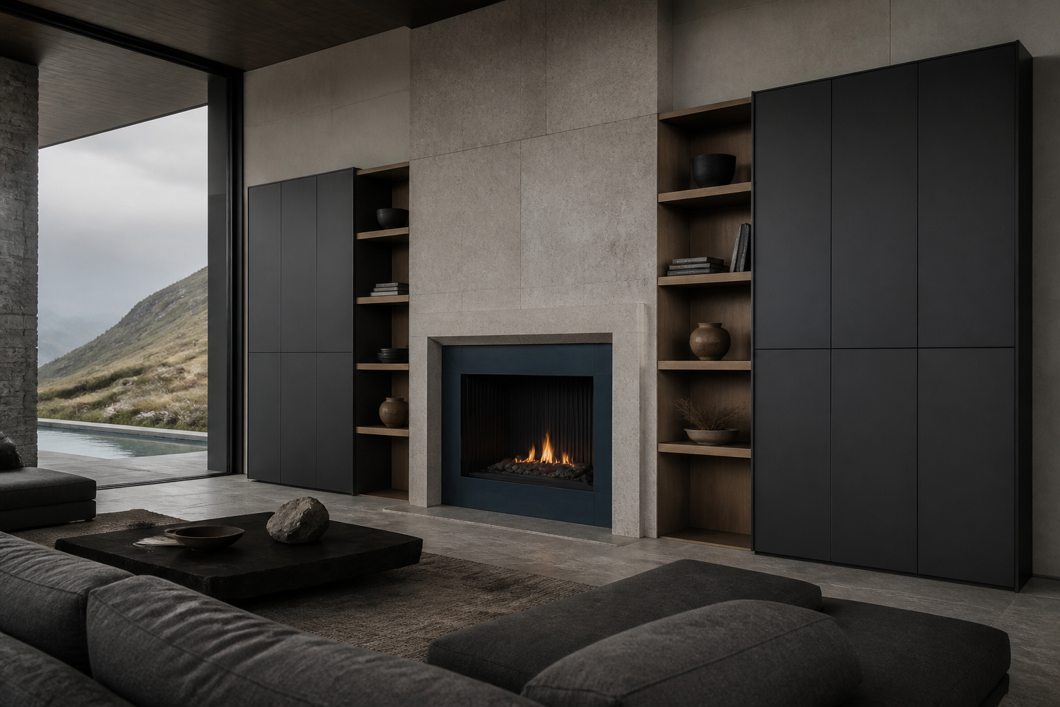 Fadior Patina Living Room Suite with Azure Frame Fireside Gallery — 304 stainless steel living room system, front view