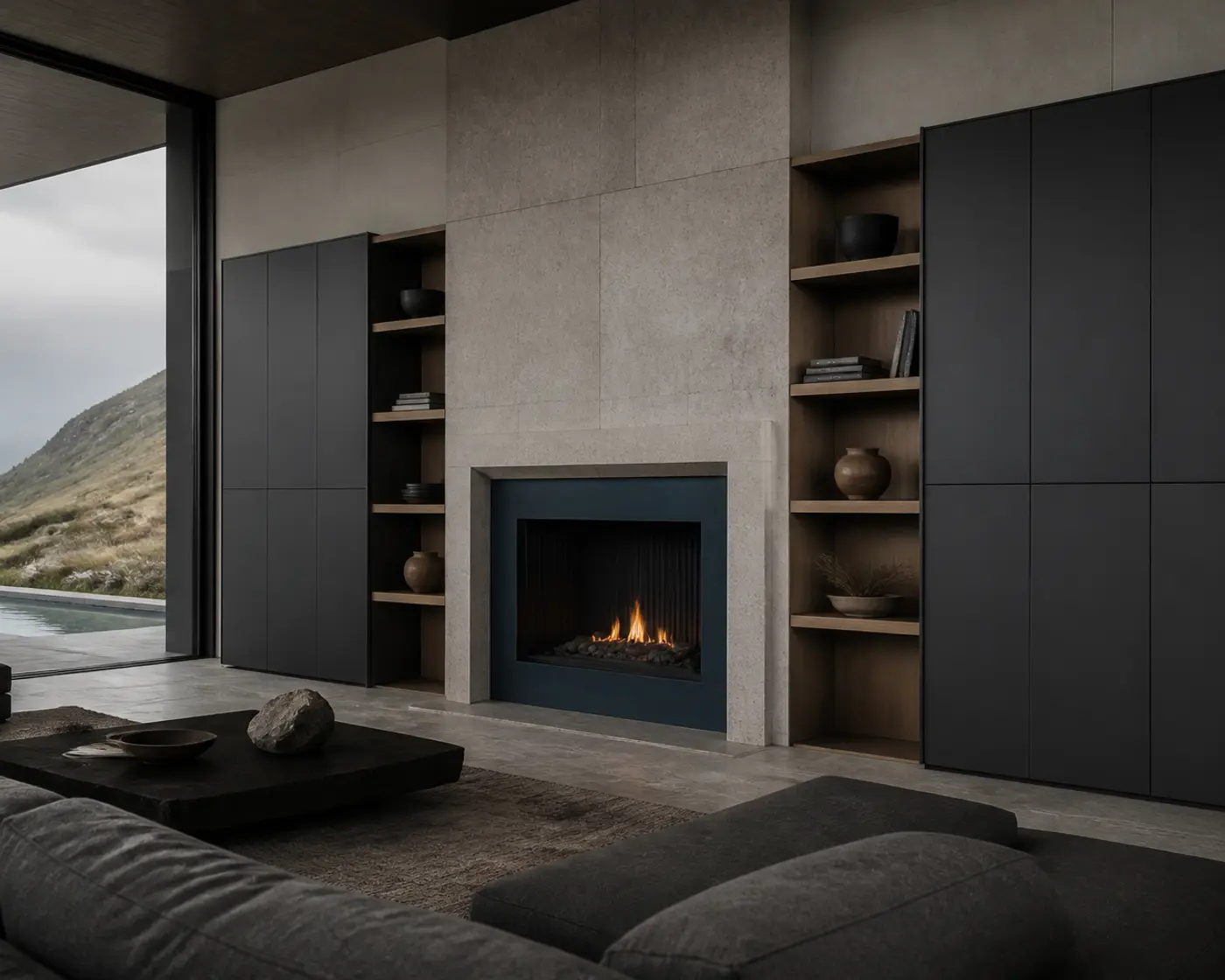 Fadior stainless steel living room media wall with display shelving and concealed storage