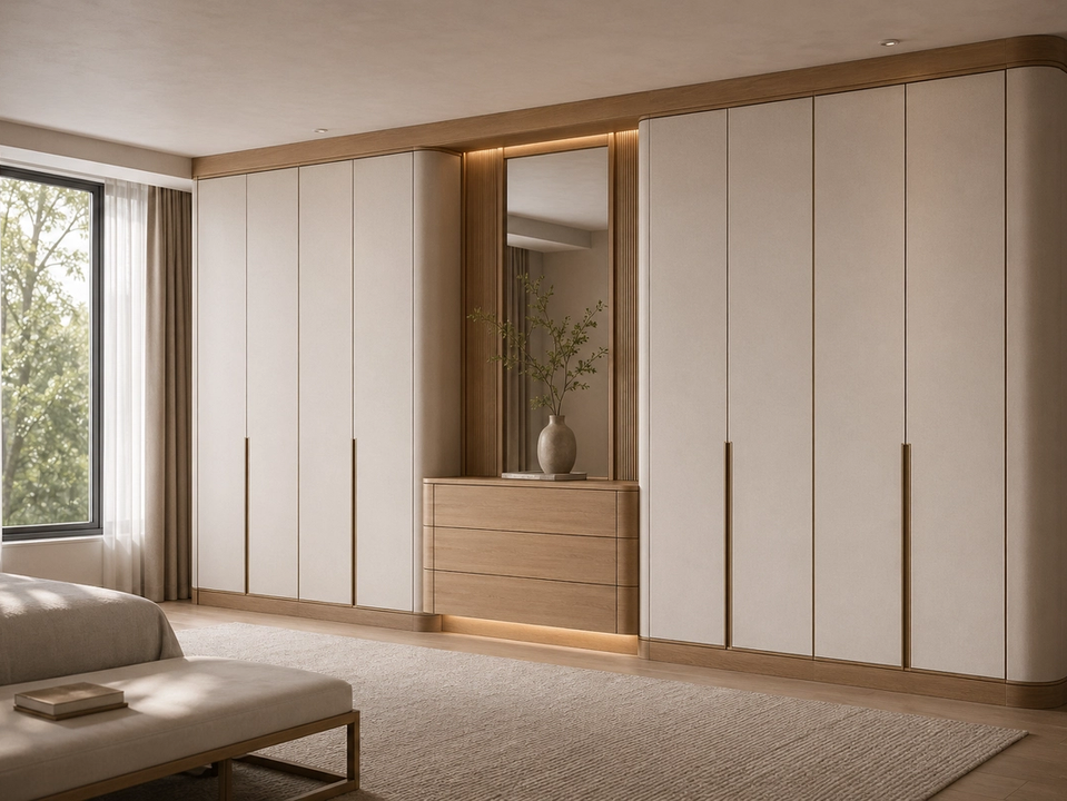Fadior Canopy Wardrobe Suite with Linen Gallery Dressing Wall — 304 stainless steel wardrobe system, front view