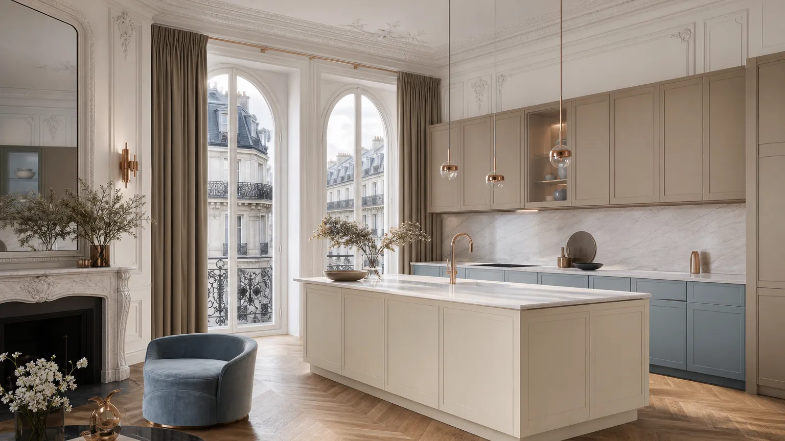 Paris apartment kitchen with muted cabinet colors and tall windows for cabinet paint planning.
