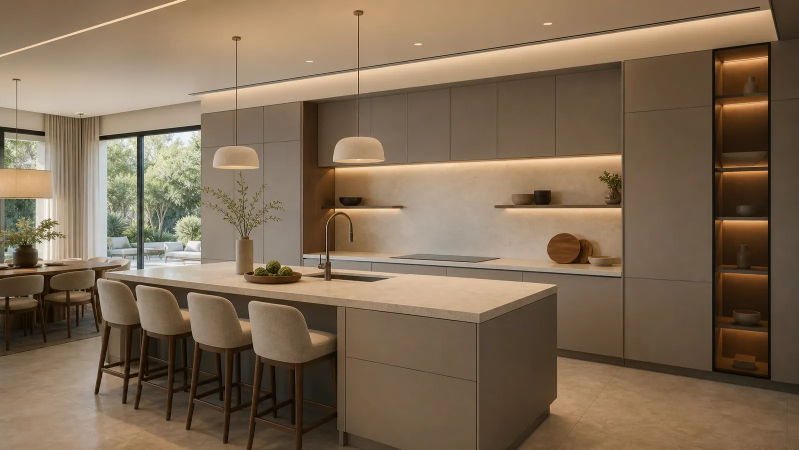 Warm grey luxury kitchen with concealed storage, island seating, and garden daylight.