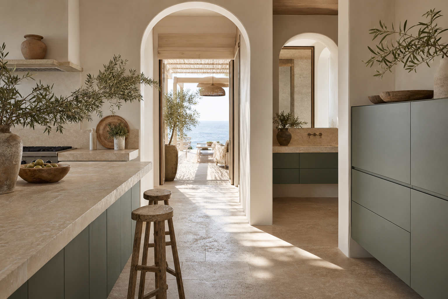 Waterfront kitchen and vanity context with olive cabinet fronts showing humid-home storage planning.