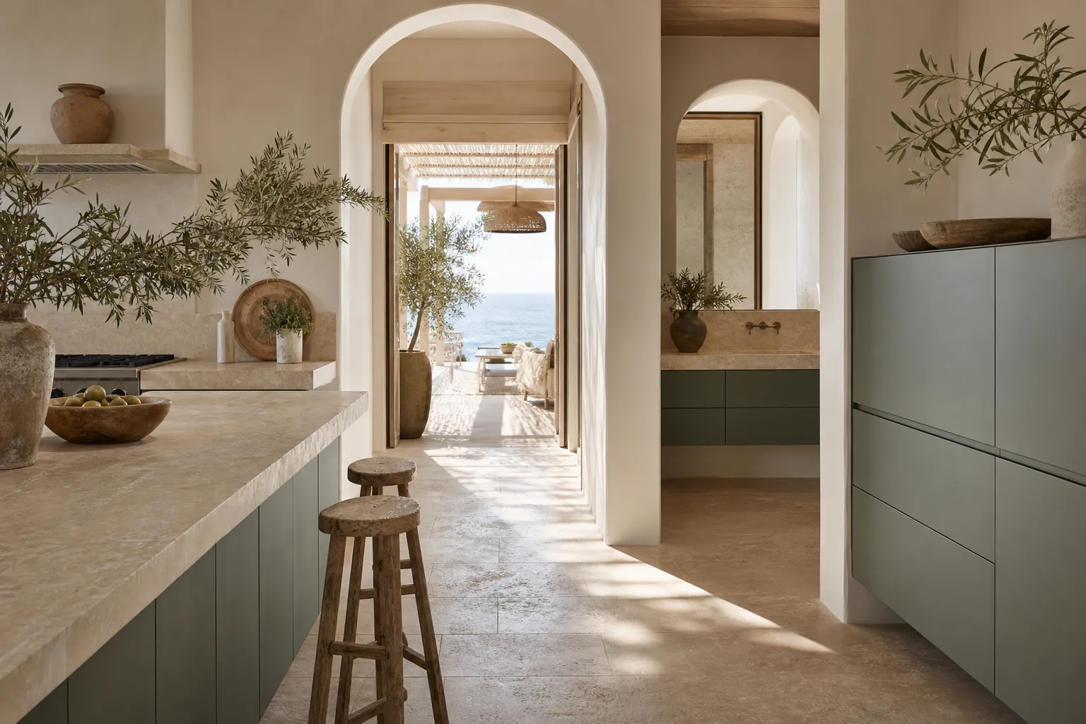 Waterfront kitchen and vanity context with olive cabinet fronts showing humid-home storage planning.