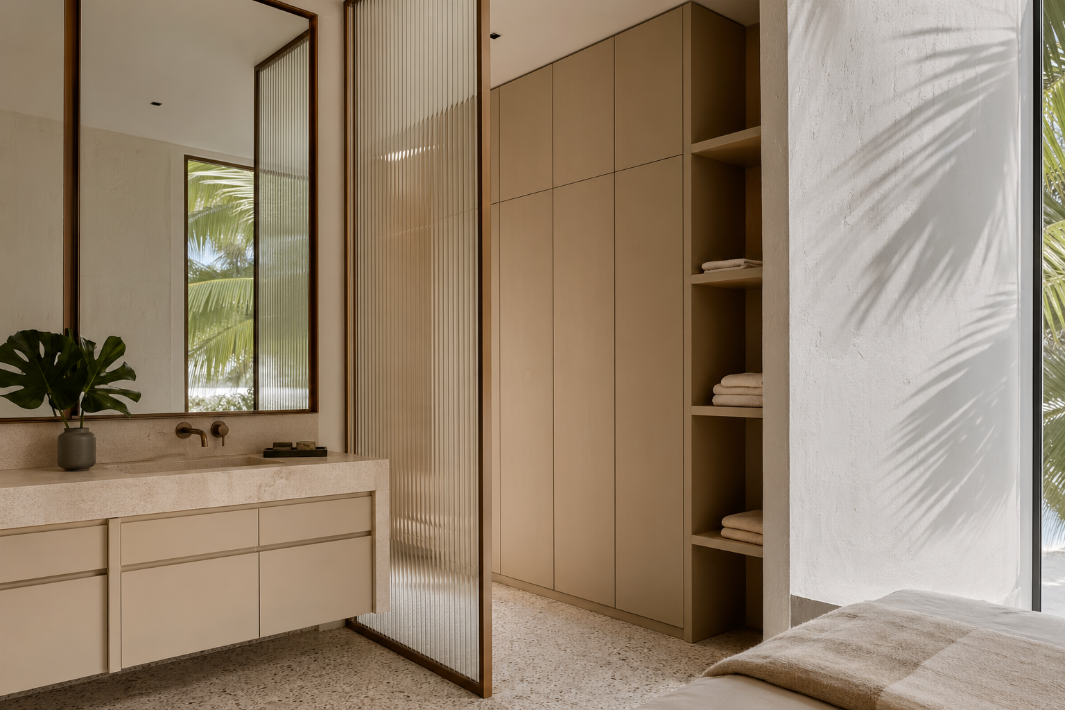 Fadior Miami Compact Residence — vanity counter, wardrobe storage, mirror, glass divider