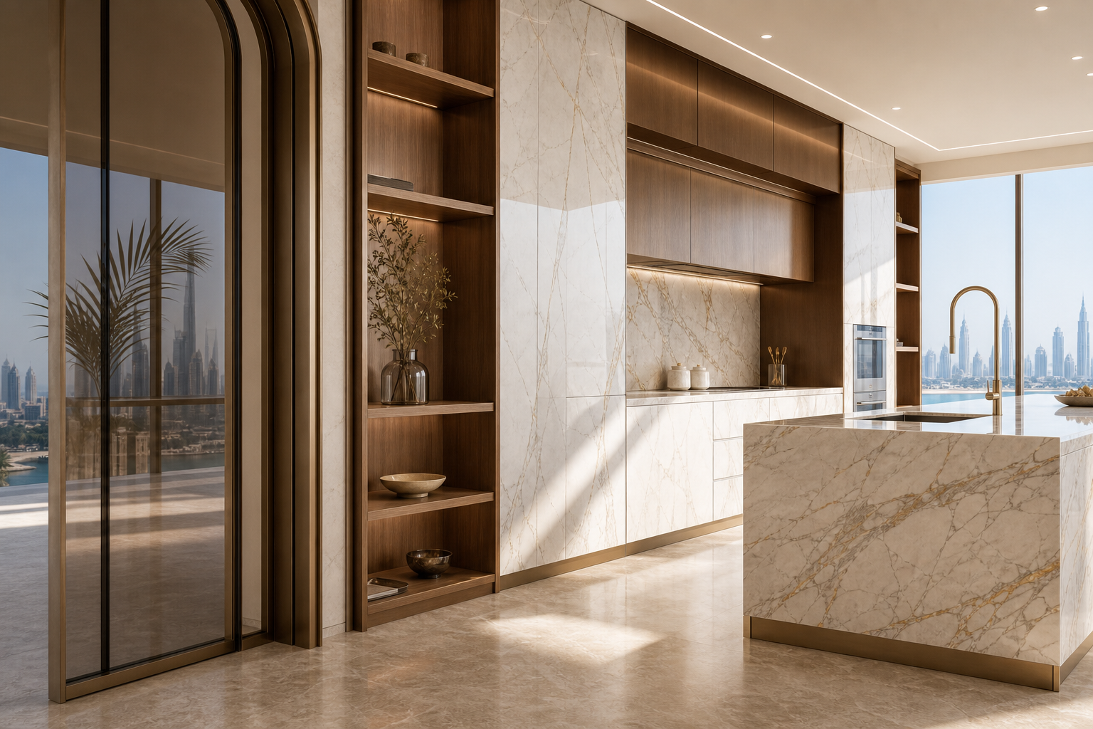 Fadior Dubai 120 sqm Kitchen Penthouse - marble counter, walnut shelves, glass door, travertine floor