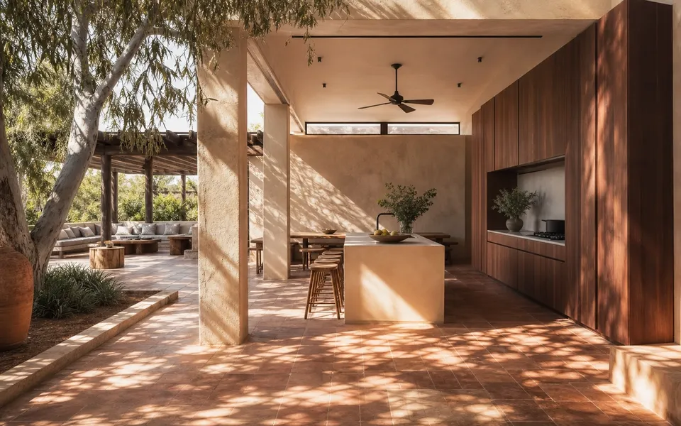 Fadior Accra 350 sqm Kitchen Villa — island, tall cabinet wall, terracotta floor, courtyard tree, and long dining table. — 304 stainless steel cabinetry installation by Fadior