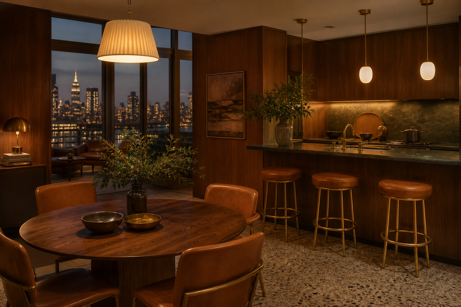 Quiet evening dining context beside a warm walnut kitchen with cognac seating and a softly glowing city view.